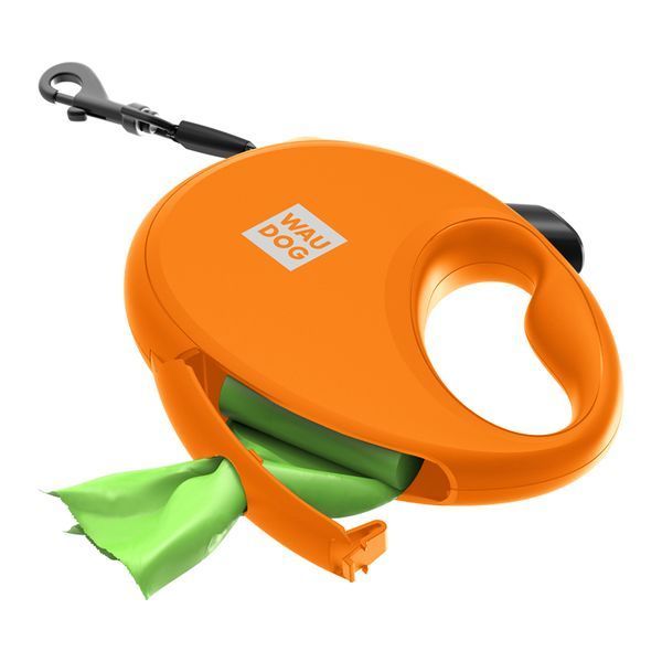 Повідець-рулетка для собак WAUDOG R-leash з контейнером для пакетів, світловідбивна стрічка, S, до 12 кг, 3 м, помаранчевий 26274 фото