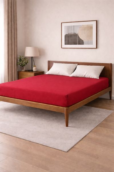 Простирадло на резинці Ecotton 180х200 см із сатину однотонне червоного кольору Red 22541 фото