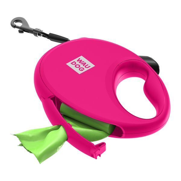 Повідець-рулетка для собак WAUDOG R-leash з контейнером для пакетів, світловідбивна стрічка, M, до 20 кг, 5 м, рожевий 26287 фото