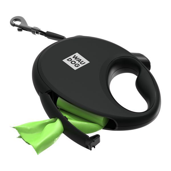 Повідець-рулетка для собак WAUDOG R-leash з контейнером для пакетів, світловідбивна стрічка, М, до 20 кг, 5 м, чорний 26281 фото